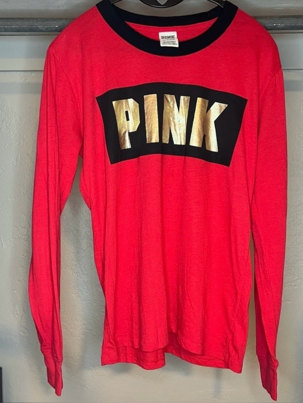 Victoria's Secret PINK Red Long Sleeve T-shirt w/ Gold Size Large